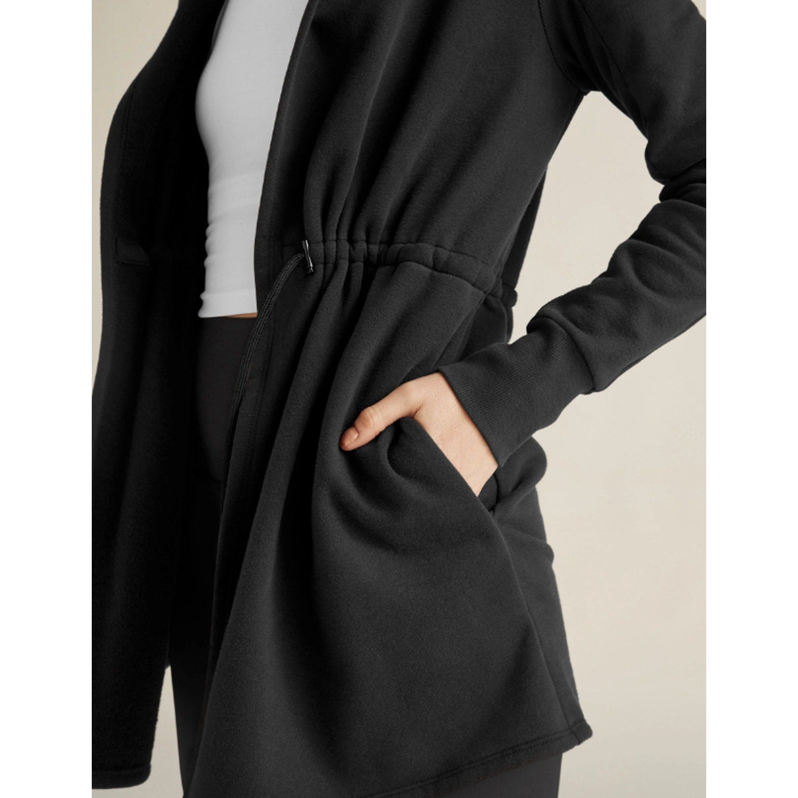 Beyond Yoga Womens Luxe Fleece Hooded Jacket Medium Black Open Front NWT