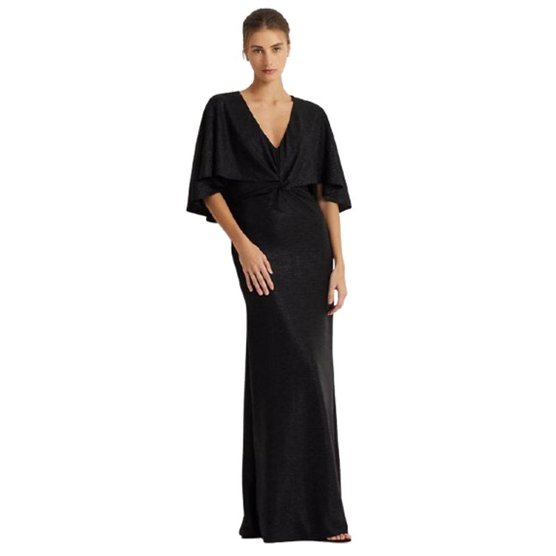 LAUREN RALPH LAUREN Twist-Front Cape Gown Size 6 Black Metallic Knit Dress NWT