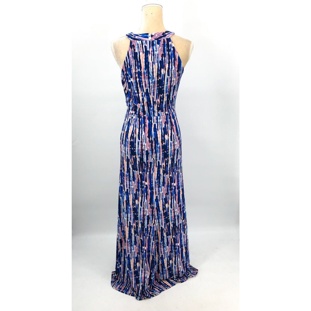 ELIZA J Keyhole Twist Maxi Dress Size 6 Blue Multi Printed Halter Neck NWT
