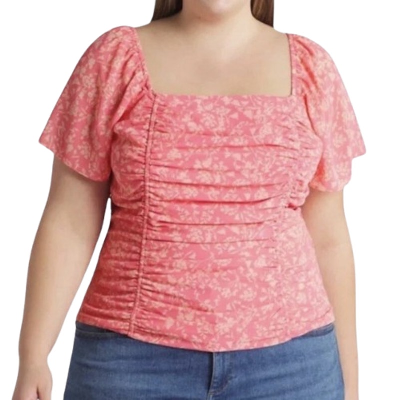 LUSH Women's Smocked Blouse 2X Pink Floral Ruched Flutter Sleeve NWT