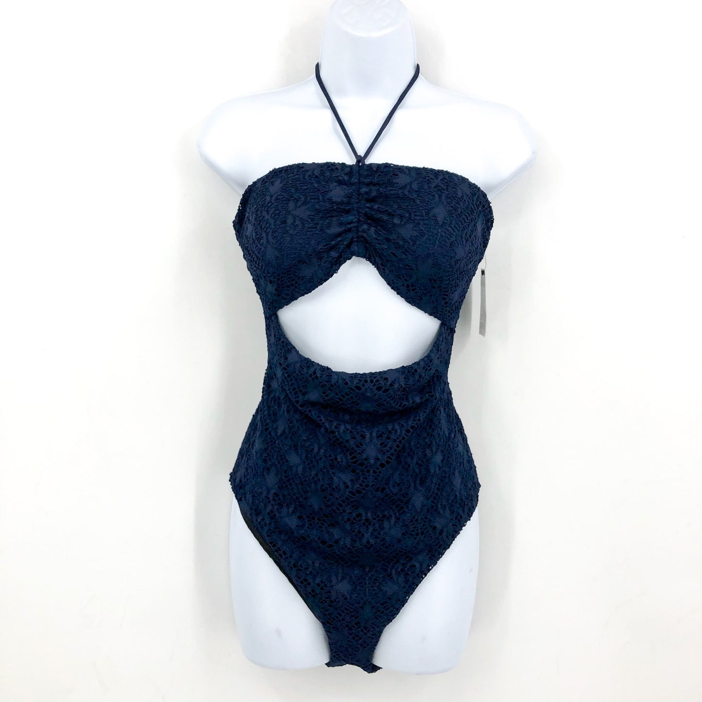 LAUREN RALPH LAUREN One Piece Swimsuit Size 10 Navy Blue Crochet Bandeau NWT