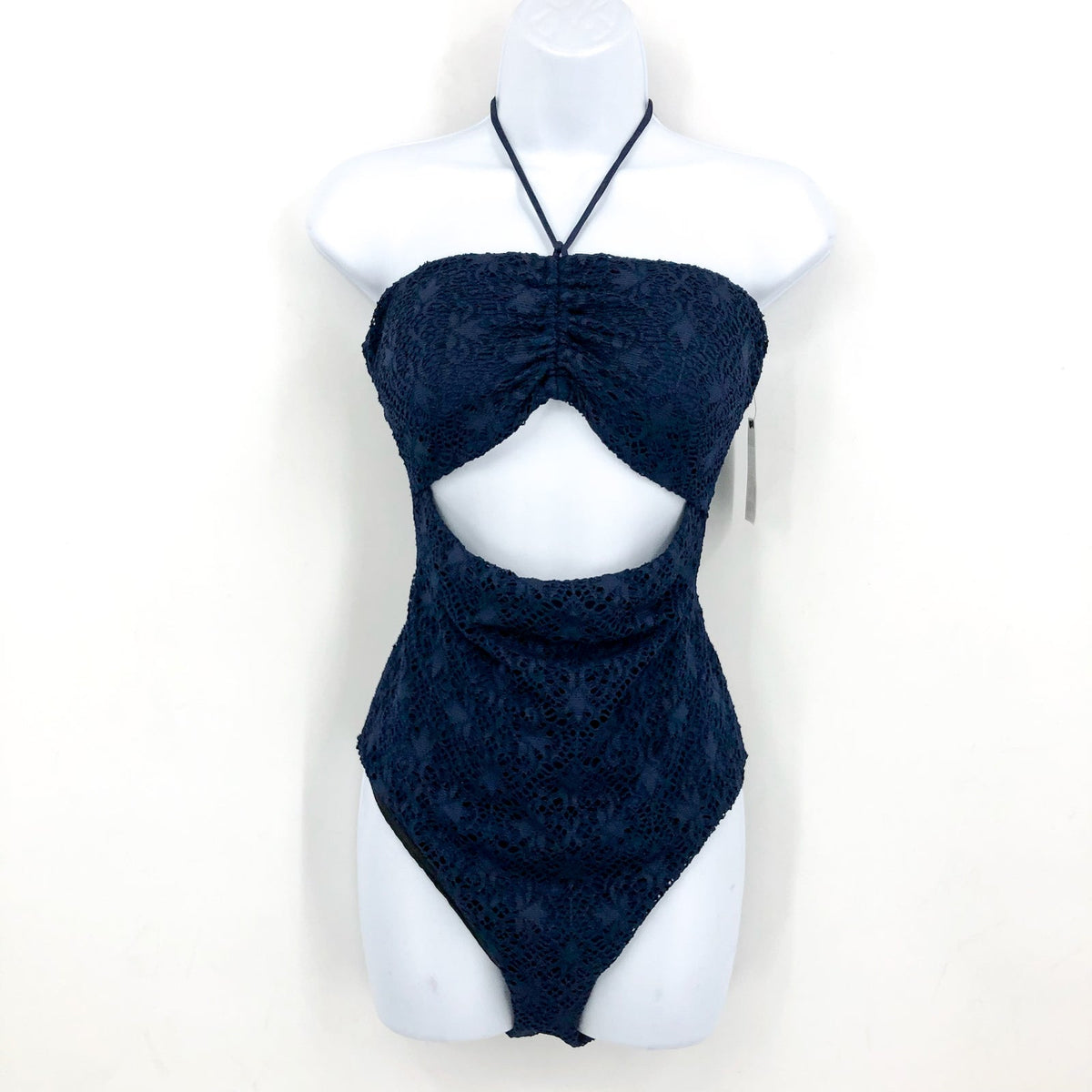 LAUREN RALPH LAUREN One Piece Swimsuit Size 10 Navy Blue Crochet Bandeau NWT