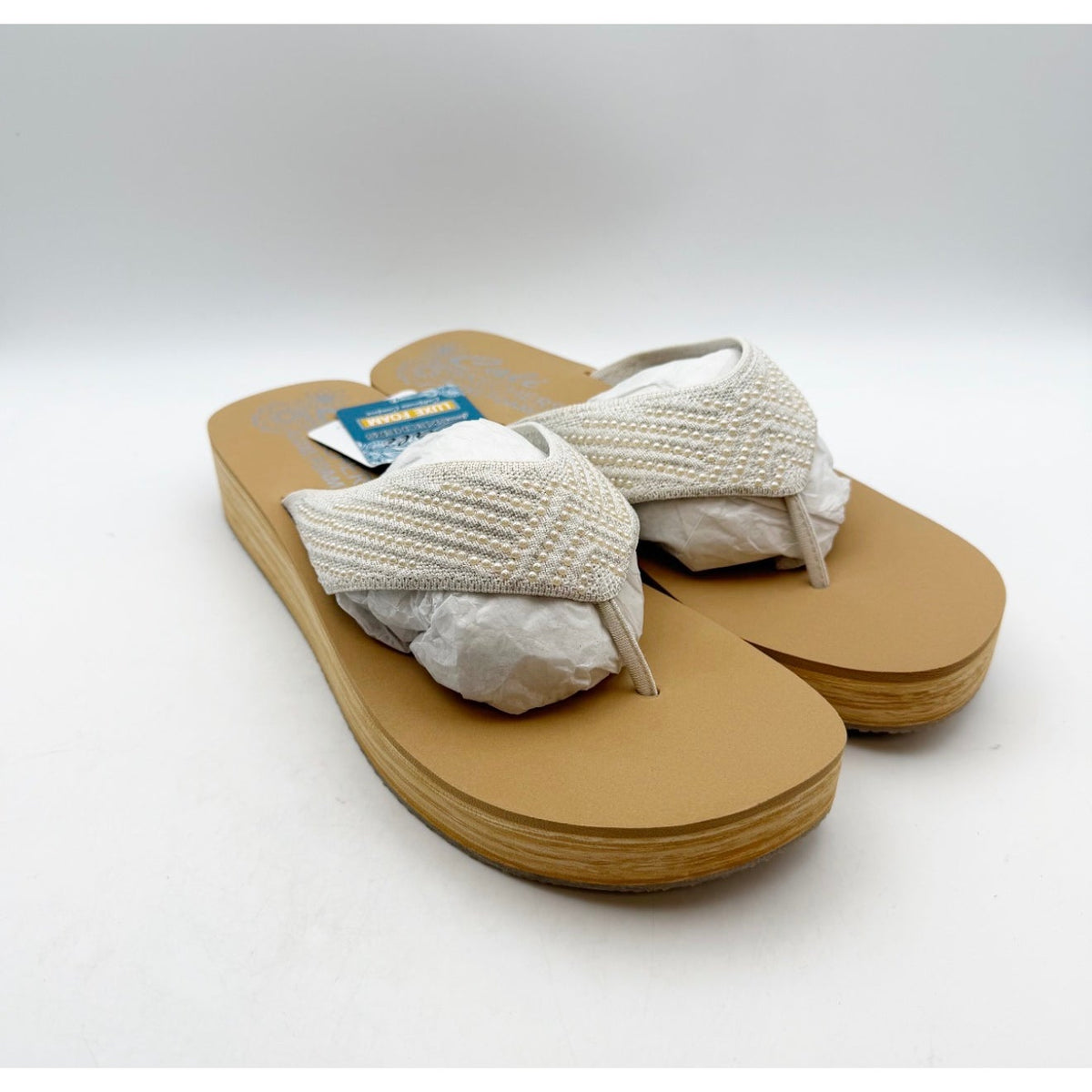 Skechers Women's Summers Mid Wedge Thong Sandals Size 10 EU 40 Off White Tan NIB