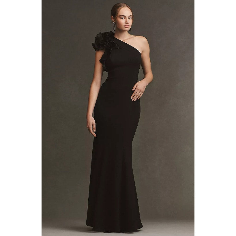 AIDAN MATTOX Women's One-Shoulder Organza Ruffle Gown Size 4 Black NWT