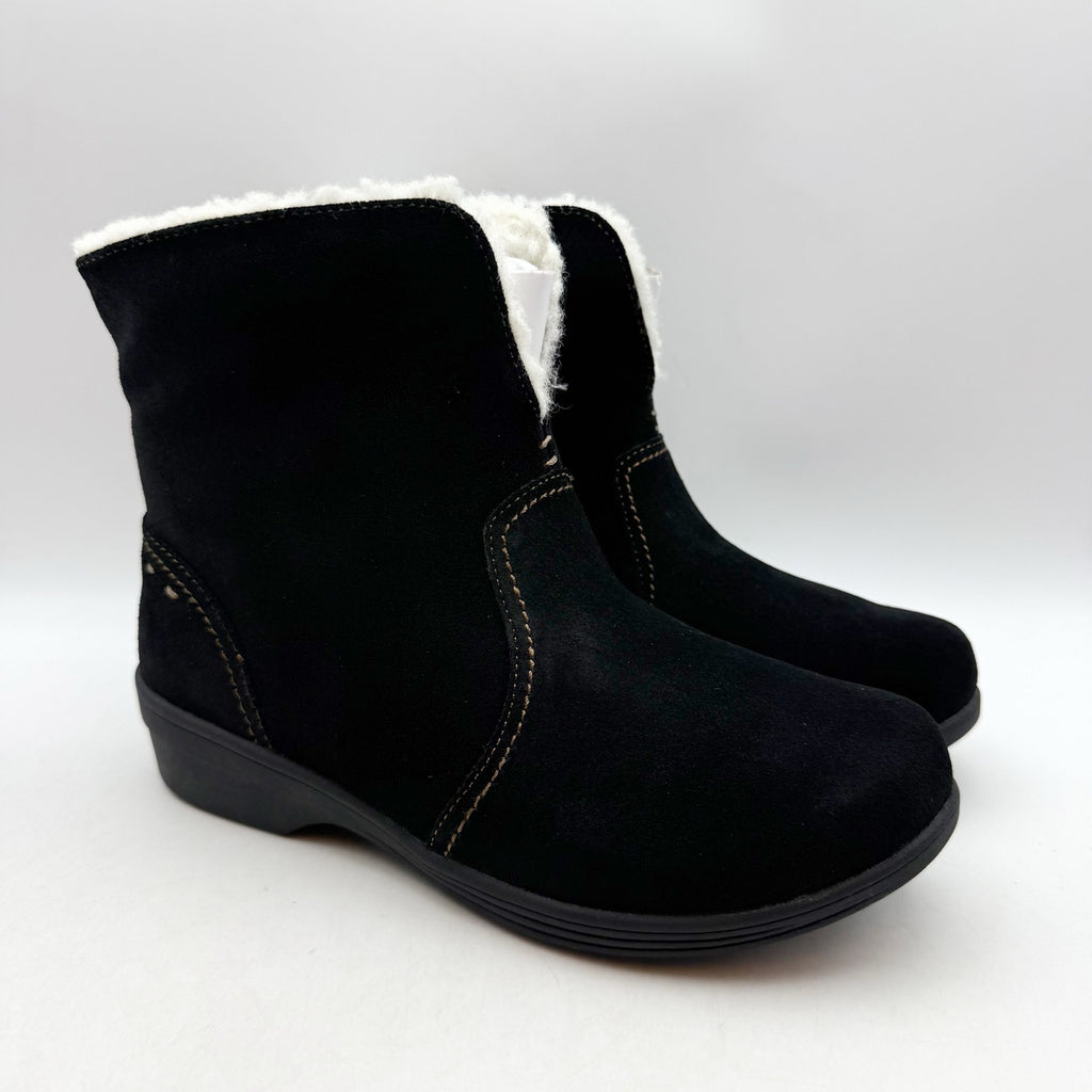 Spenco Womens Sun Valley Ankle Boots US 5.5 Wide Black Suede Sherpa Lined NIB