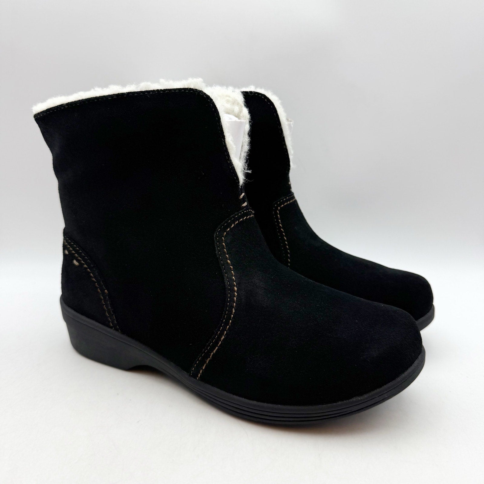 Spenco Womens Sun Valley Ankle Boots US 5.5 Wide Black Suede Sherpa Lined NIB