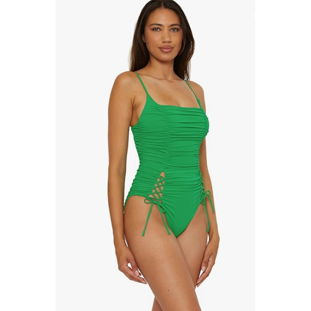 BECCA Color Code Paula One Piece Swimsuit Large Emerald Rouched Square Neck NWT