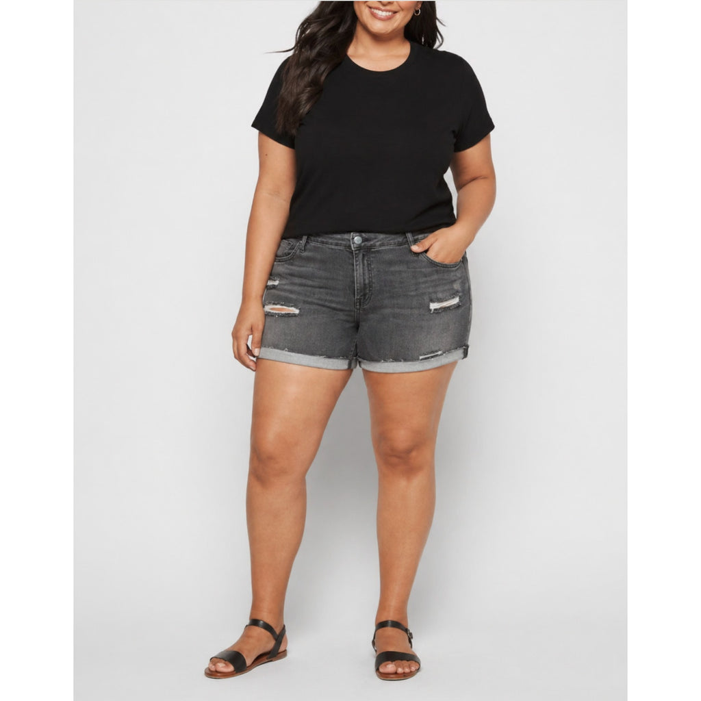 VIGOSS Womens Marley Cuffed Denim Shorts 22W Washed Black Mid Rise Raw Edge NWT