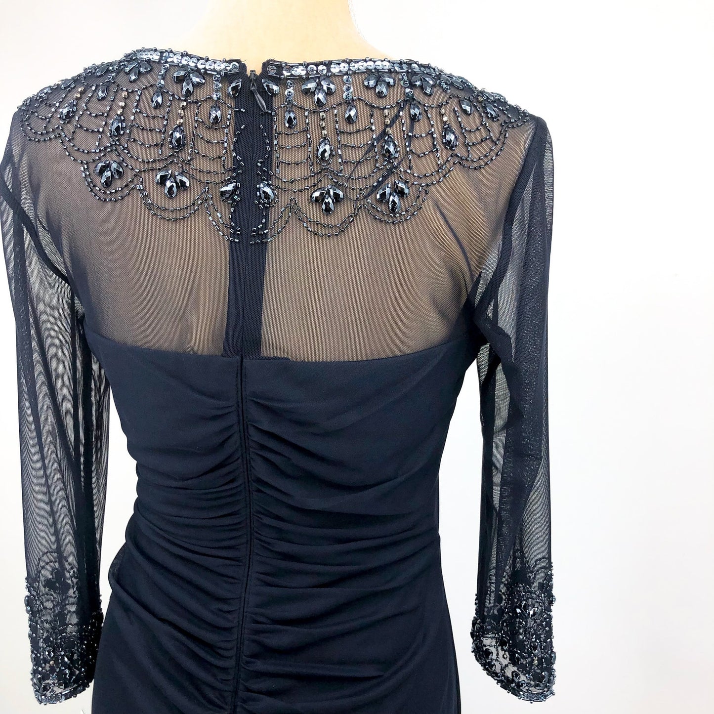 ALEX EVENINGS Illusion Sheath Gown Size 8 Deep Navy Blue Mesh Jeweled Neck NWT