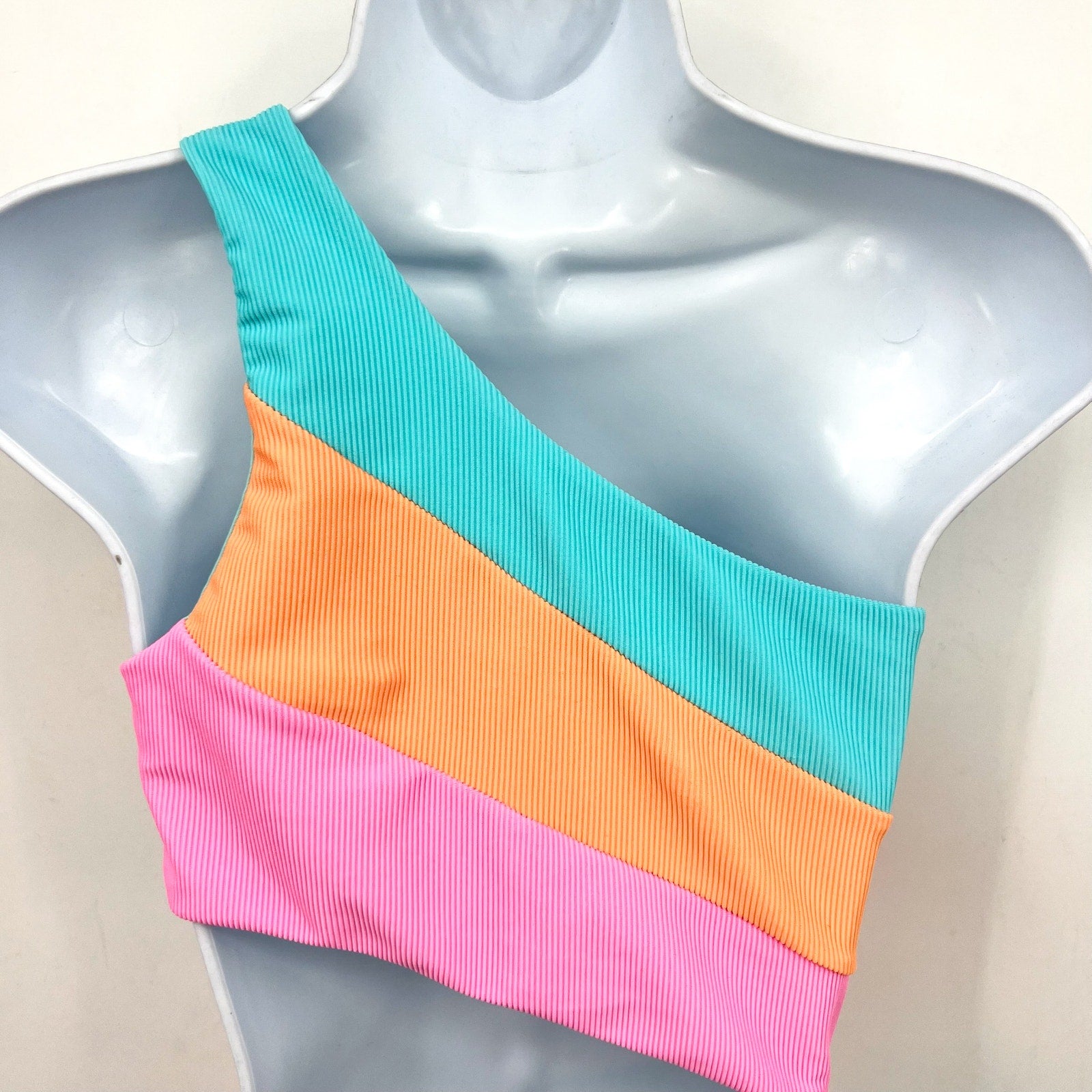 BEACH RIOT Joyce One Shoulder One Piece Swimsuit Small Pink Blue NWOT
