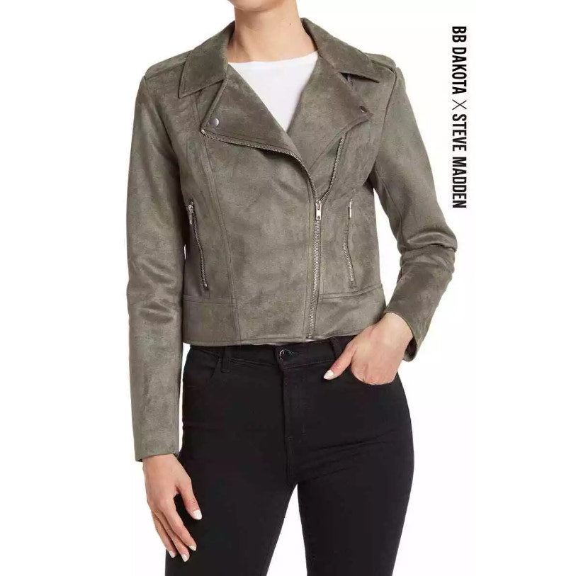 STEVE MADDEN Womens Faux Suede Moto Jacket Medium Olive Green Vegan Leather NWT