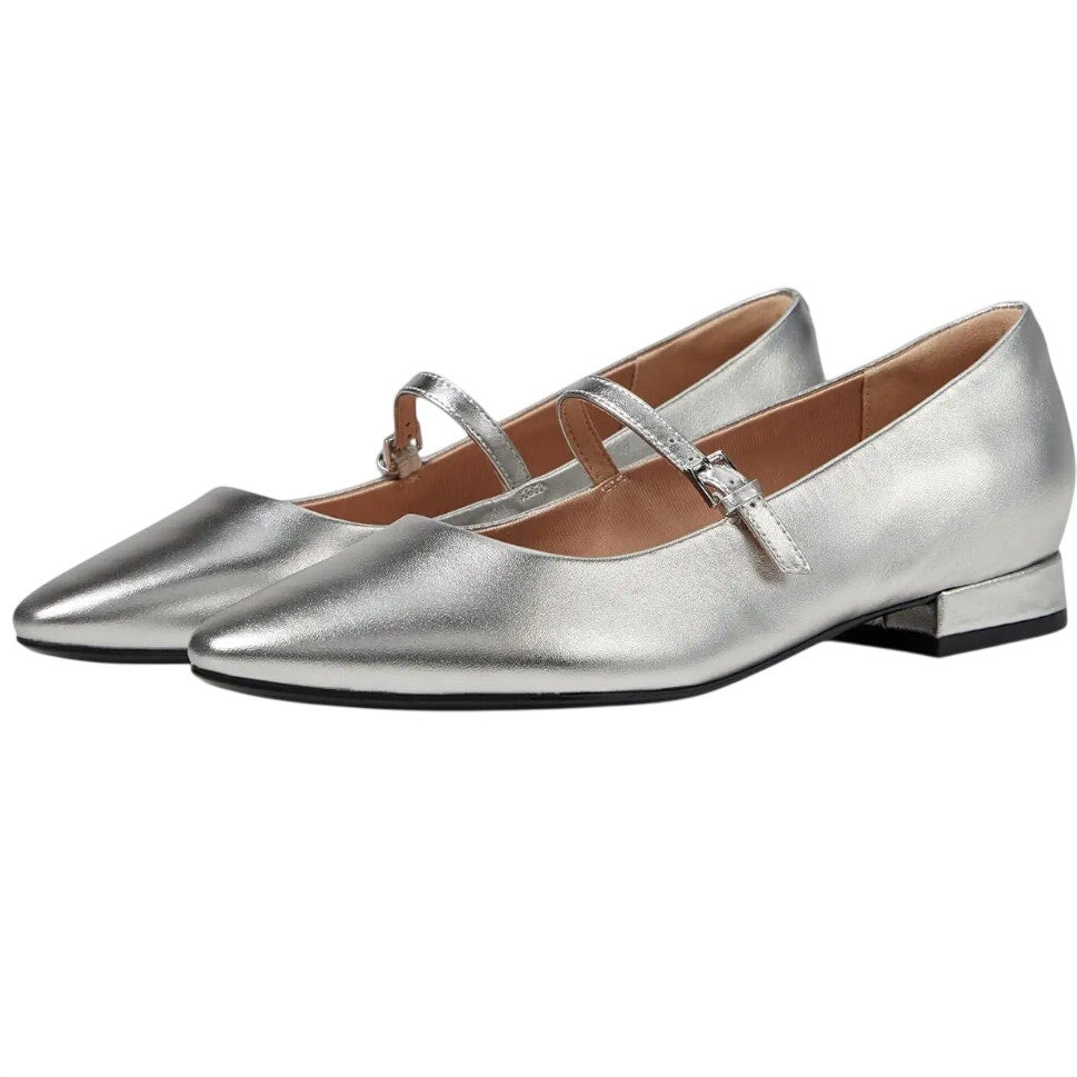 Rockport Womens Taren Flats US 7 WIDE Silver Metallic Leather Mary Janes NWOB