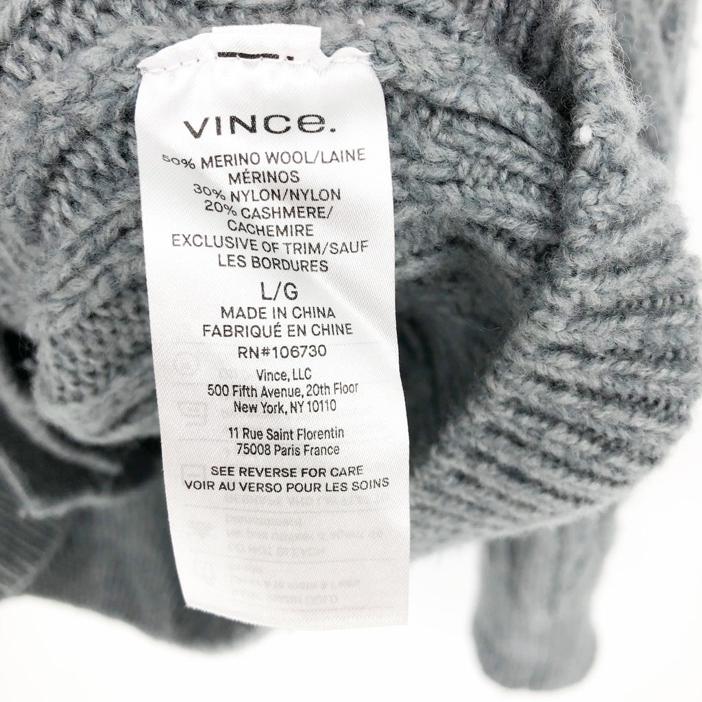 Vince. Womens Cable Cardigan Sweater Large Grey Cashmere Merino Wool Knit NWOT