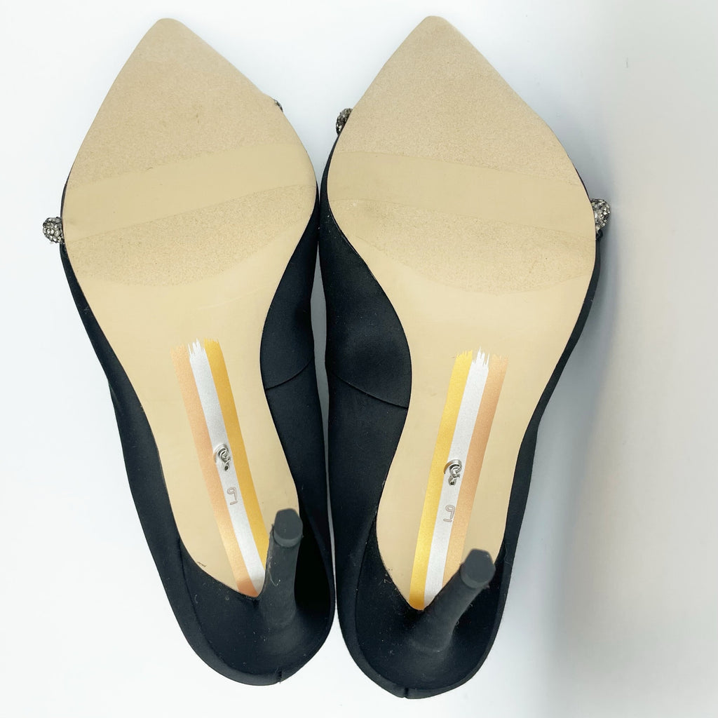 SAM EDELMAN Women's Deela Rhinestone Bow Pumps 9M Black Satin Pointed Toe