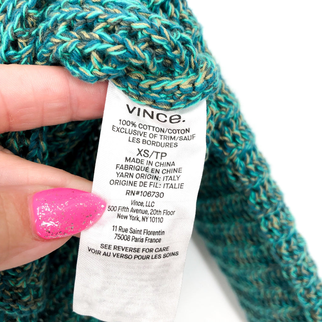 VINCE Women's Marled Crochet Cardigan XS Green Marl V-Neck Cotton NWT