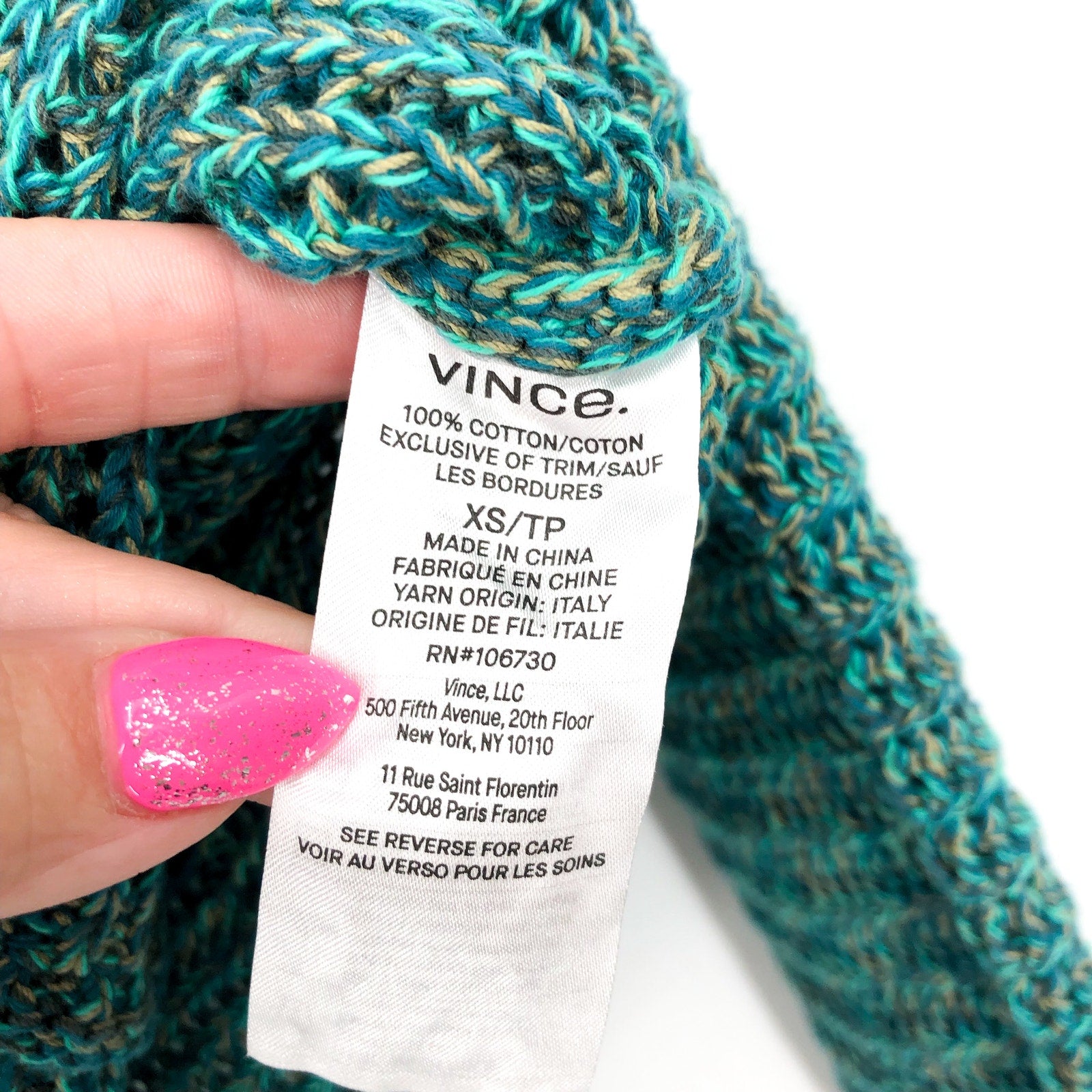 VINCE Women's Marled Crochet Cardigan XS Green Marl V-Neck Cotton NWT