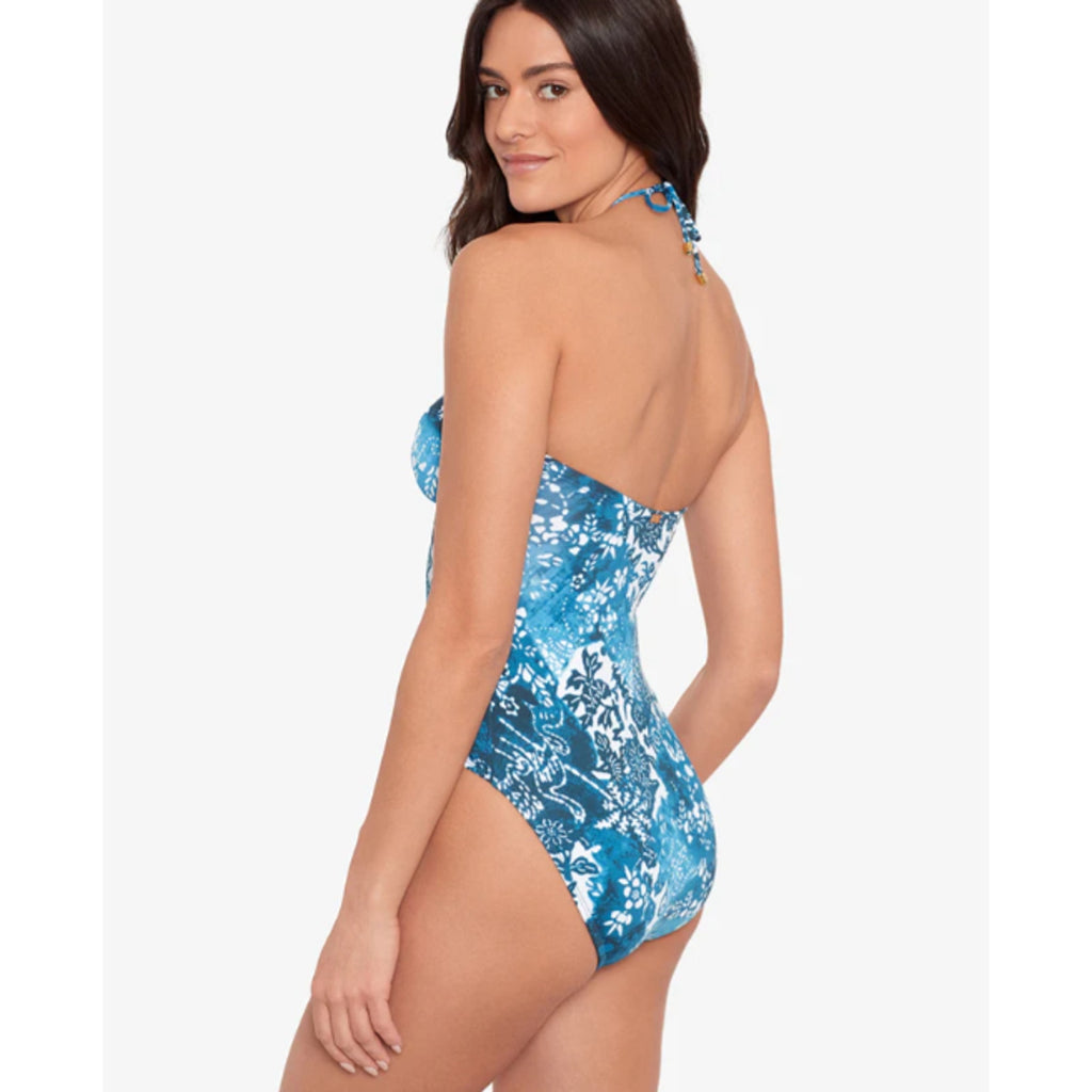 LAUREN RALPH LAUREN Halter Bandeau One Piece Swimsuit 10 Blue Patchwork NWT