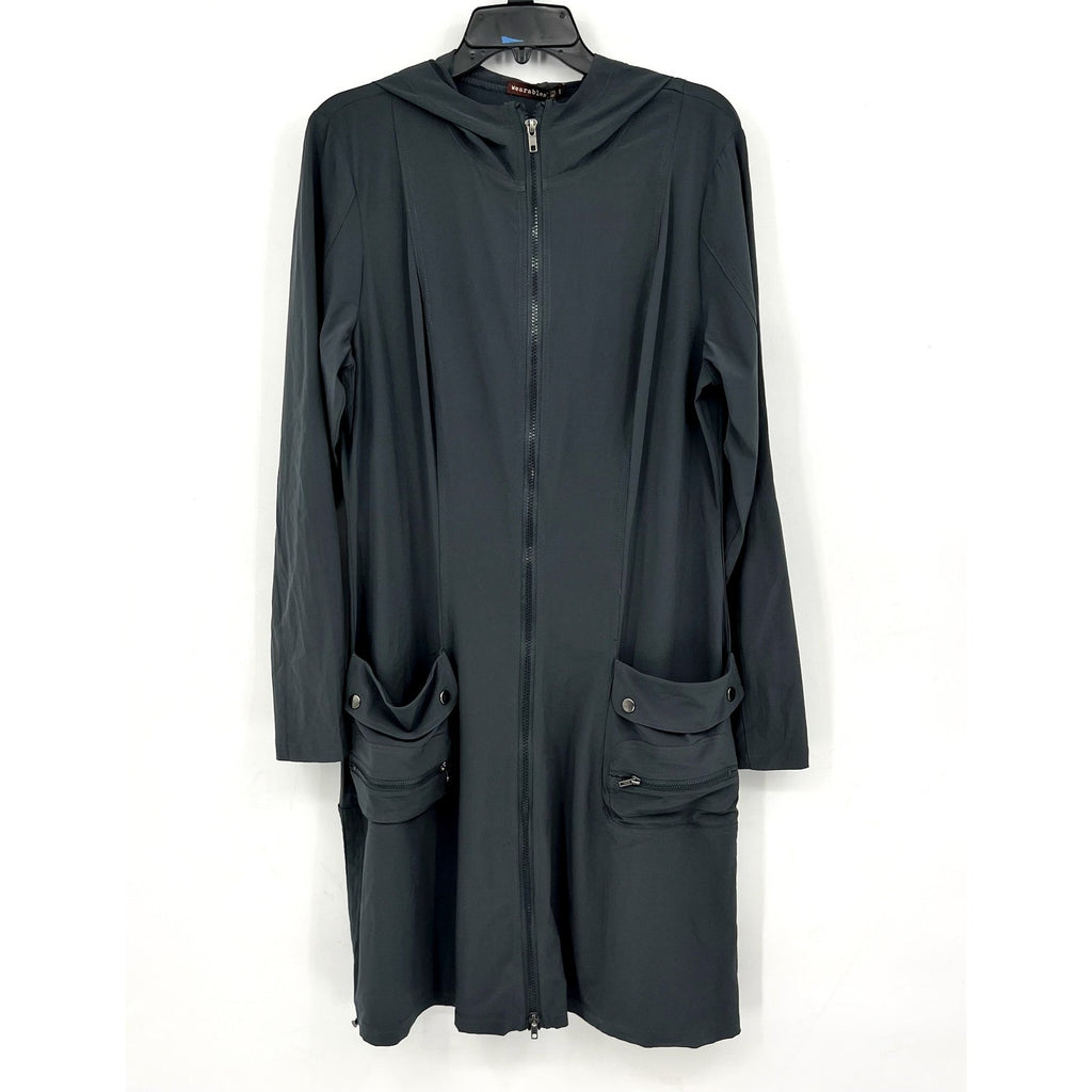 WEARABLE XCVI Active Rufino Stretch Jacket Dress Large Charcoal Grey Hooded NWT