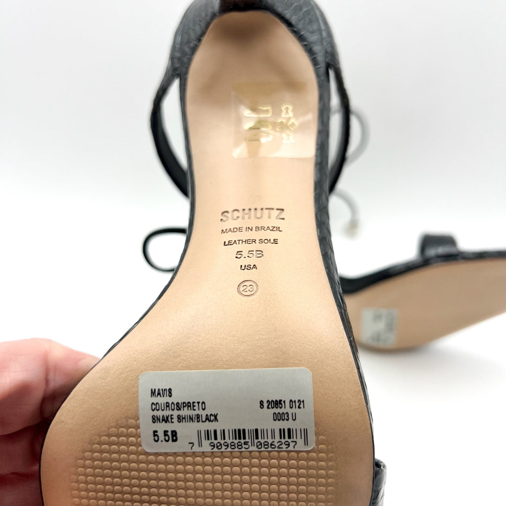 SCHUTZ Womens Mavis Heel Sandals Size 5.5 B Black Snake Shine Leather NIB
