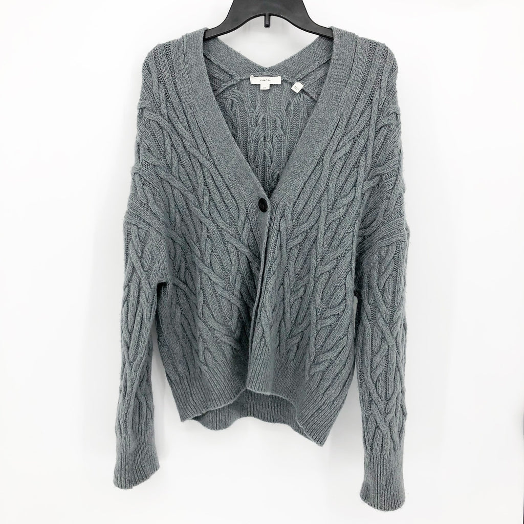 Vince. Womens Cable Cardigan Sweater Large Grey Cashmere Merino Wool Knit NWOT