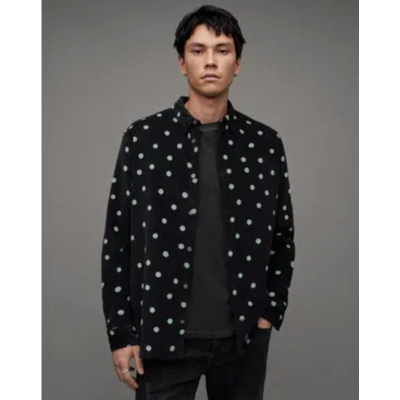 ALLSAINTS Men's Ocular Corduroy Shirt Small Black Long Sleeve Polka Dot NWT