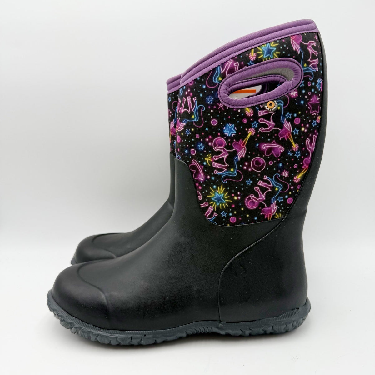 Bogs Girls York Rain Boots Size 5 Black Purple Neon Unicorn Waterproof NWOB