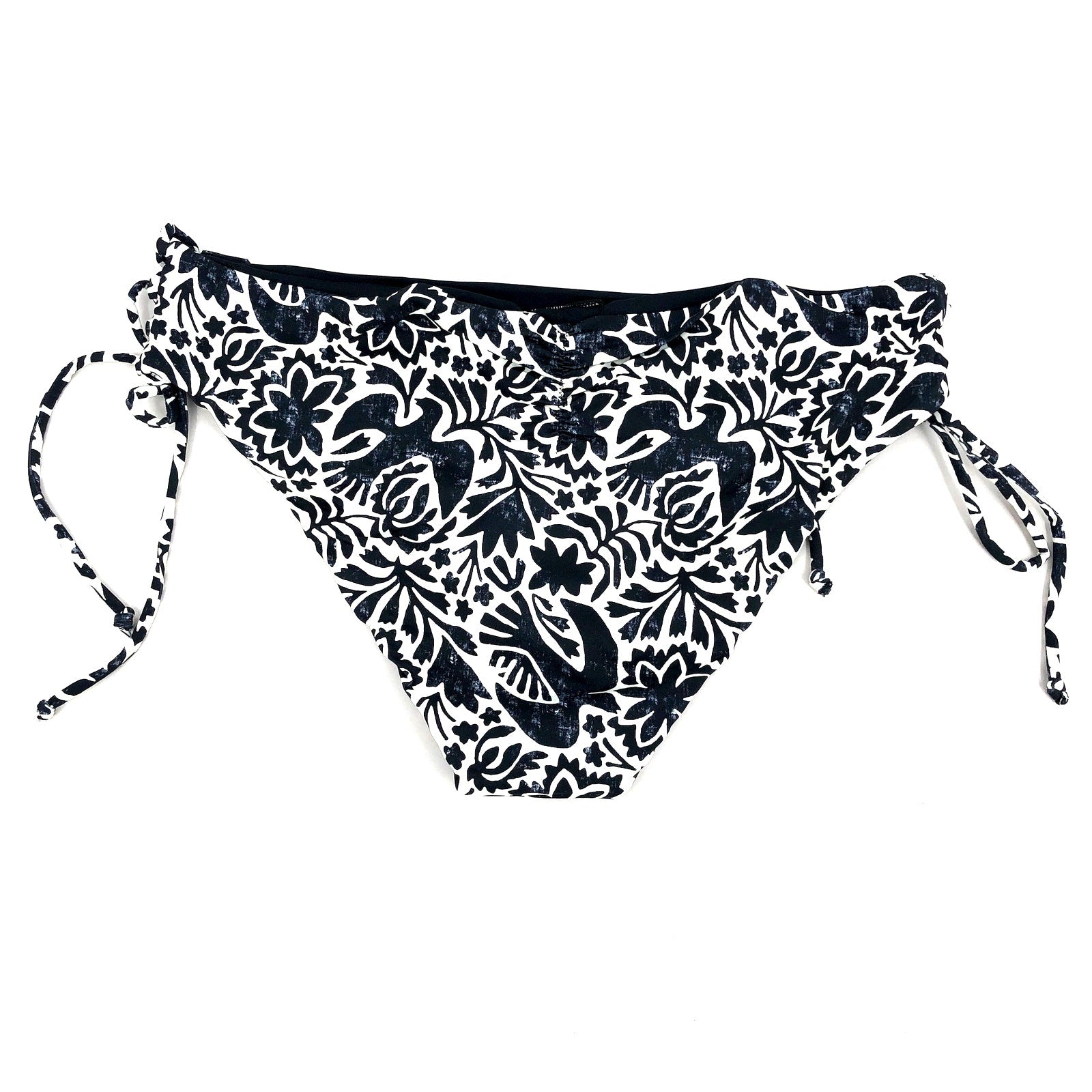 PRANA Women's Ruby Beach Bikini Bottom XS Black Flora Fauna Print Side Lace NWT