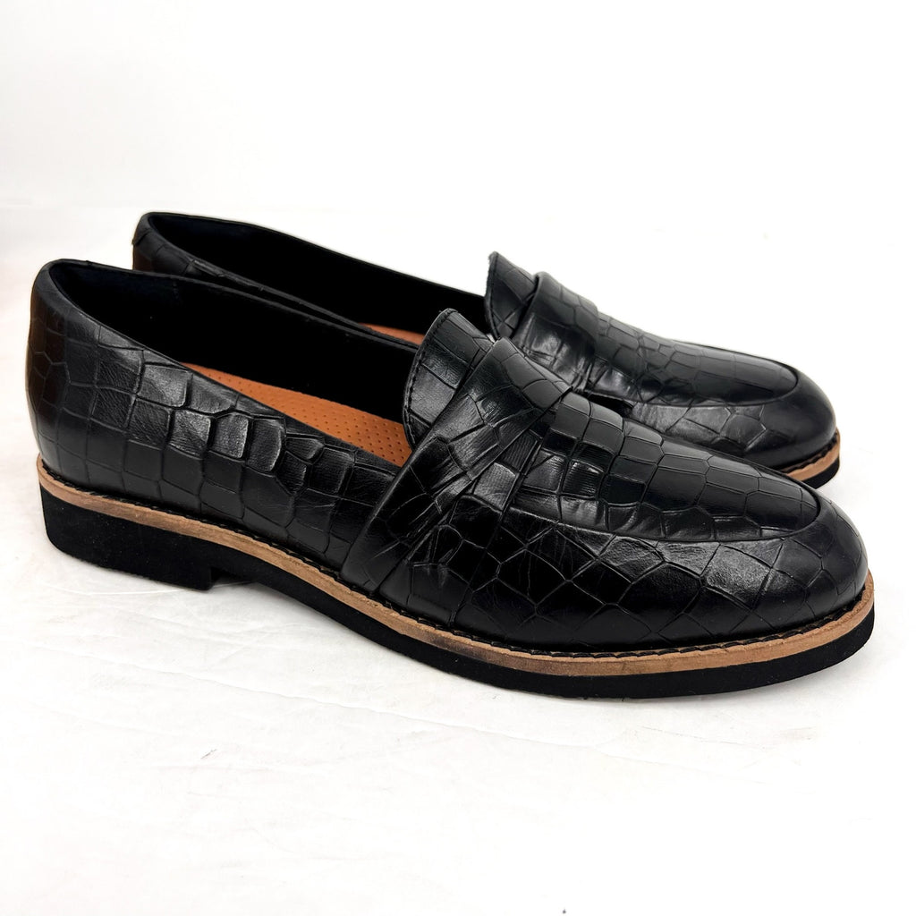 SOFTWALK Women's Walsh Slip On Loafers Size 7.5 NARROW Black Croco Leather NIB