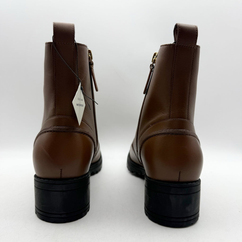 Cole Haan Womens Camea Combat Boots US 7 Brown Leather Zip Side Waterproof NWOB