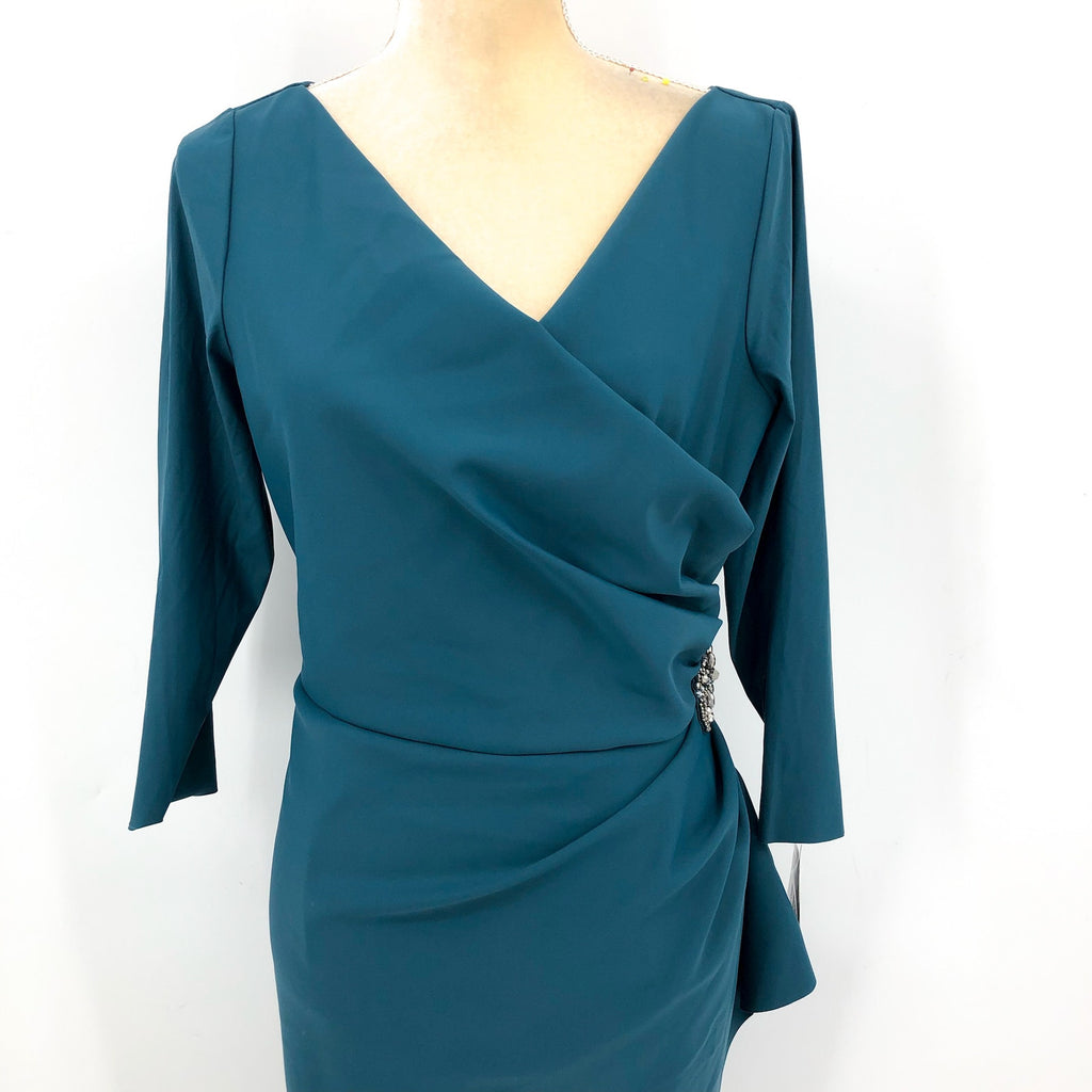 ALEX EVENINGS Beaded Wrap Front Dress Size 14 Blue Green Teal 134134 NWT