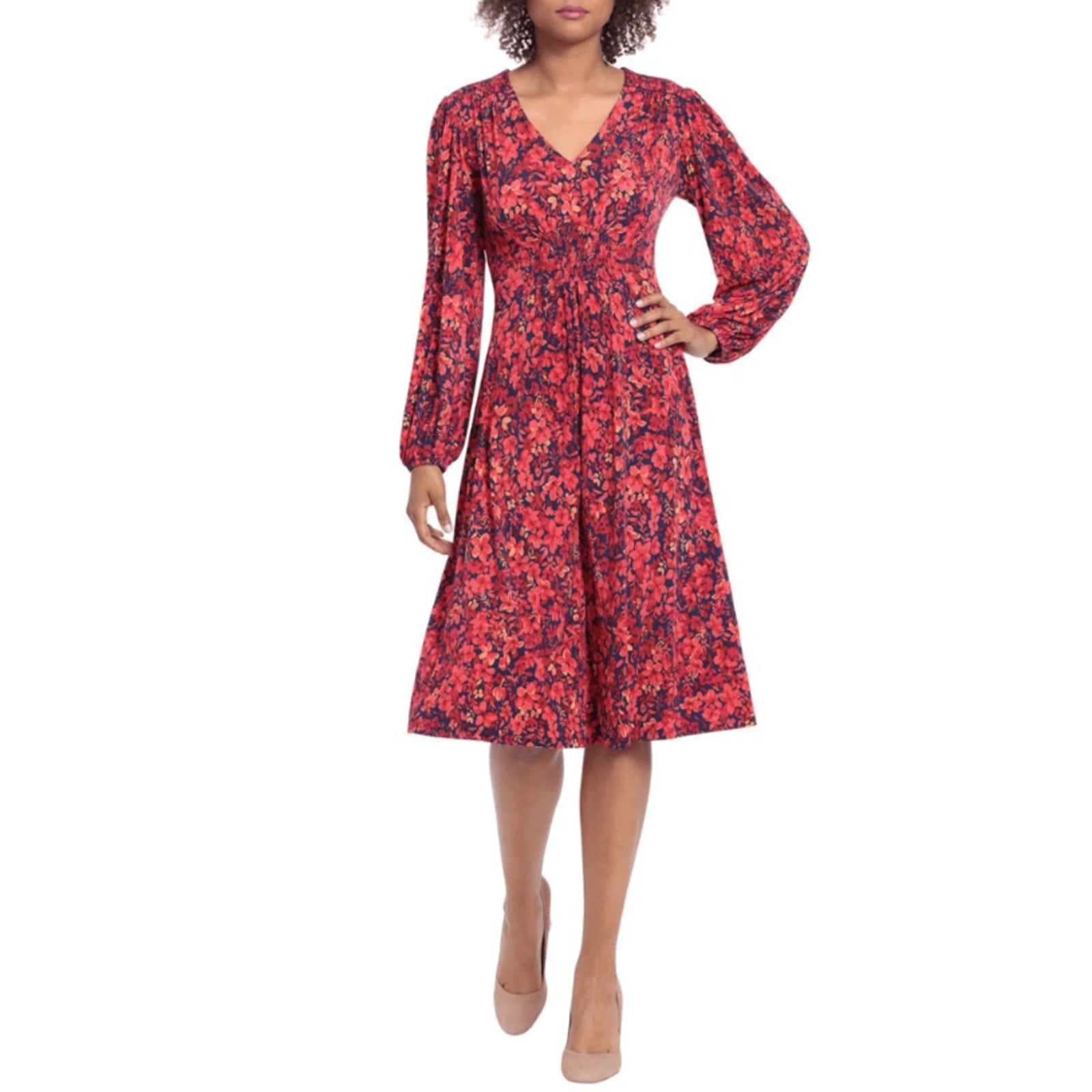 MAGGY LONDON Womens Floral V-Neck Dress Small Navy Blue Red Smocked NWT