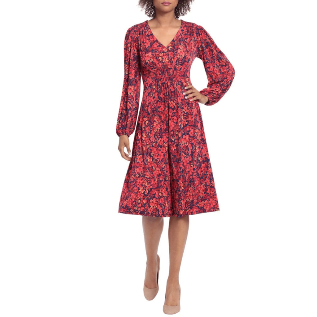 MAGGY LONDON Womens Floral V-Neck Dress Small Navy Blue Red Smocked NWT