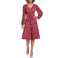 MAGGY LONDON Womens Floral V-Neck Dress Small Navy Blue Red Smocked NWT