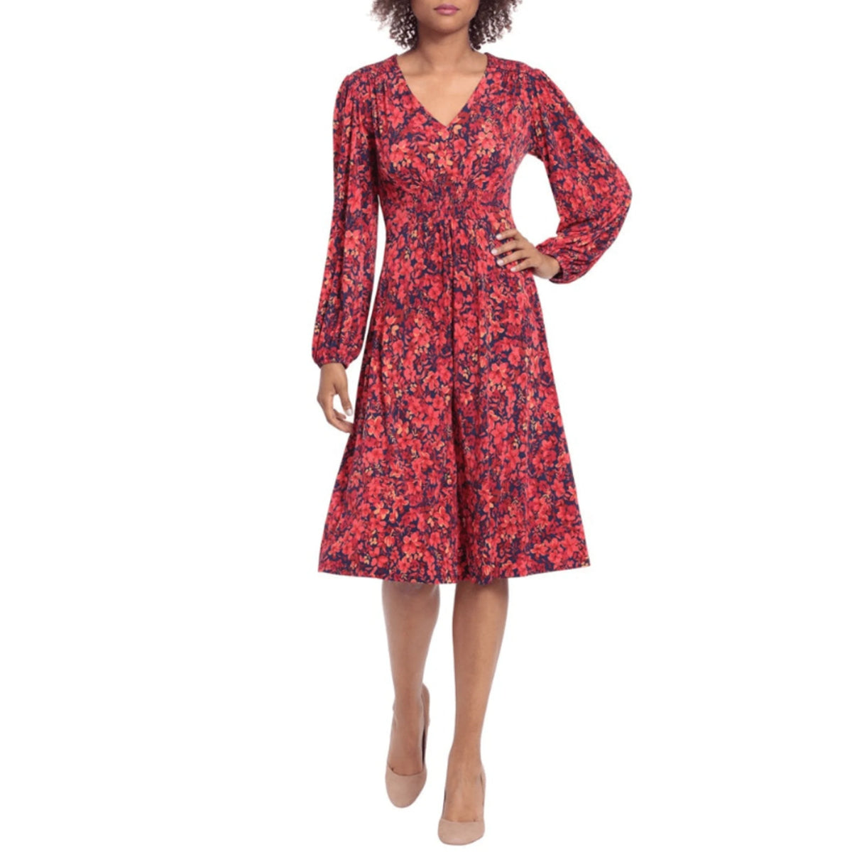 MAGGY LONDON Womens Floral V-Neck Dress Small Navy Blue Red Smocked NWT