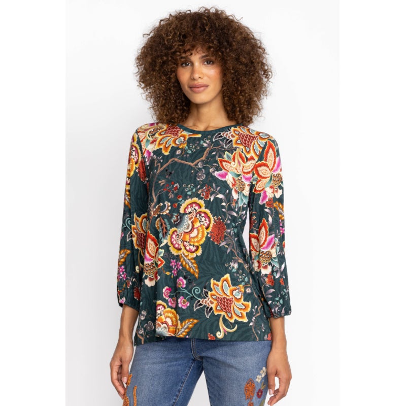 JOHNNY WAS The Janie Favorite Puff Sleeve Knit Tee Medium Green/Multi NWT