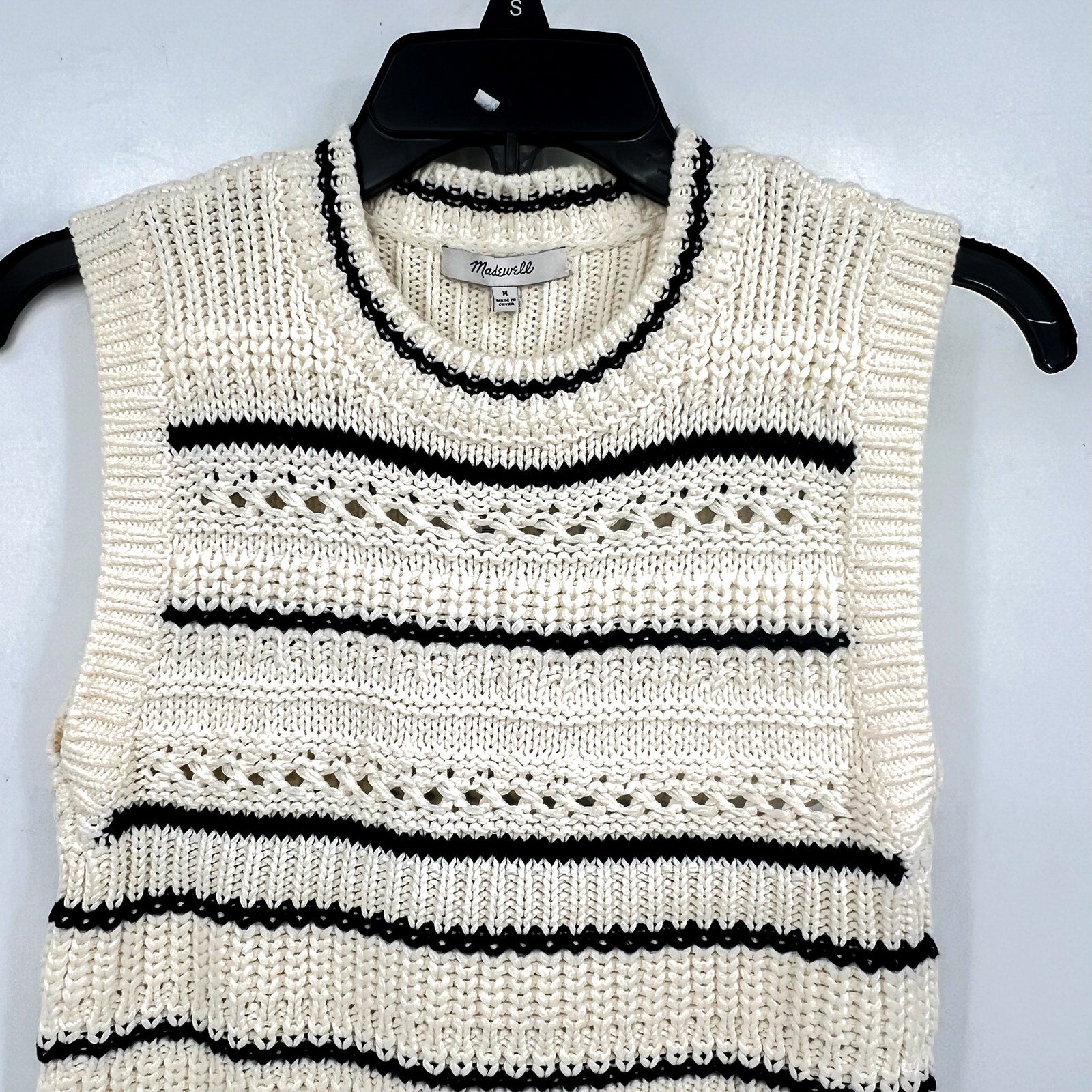 MADEWELL Womens Striped Sweater Vest Medium Cream Black Stripe 100% Cotton NWT