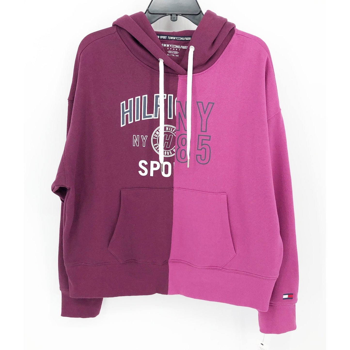 TOMMY HILFIGER SPORT Women's Colorblock Split Logo Hoodie XL Purple Crewneck NWT