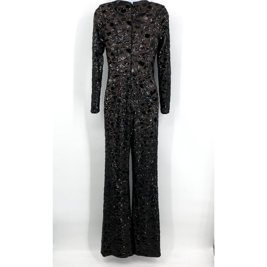 DRESS THE POPULATION Carson Sequin Leopard Jumpsuit XS Black Long Sleeve NWOT