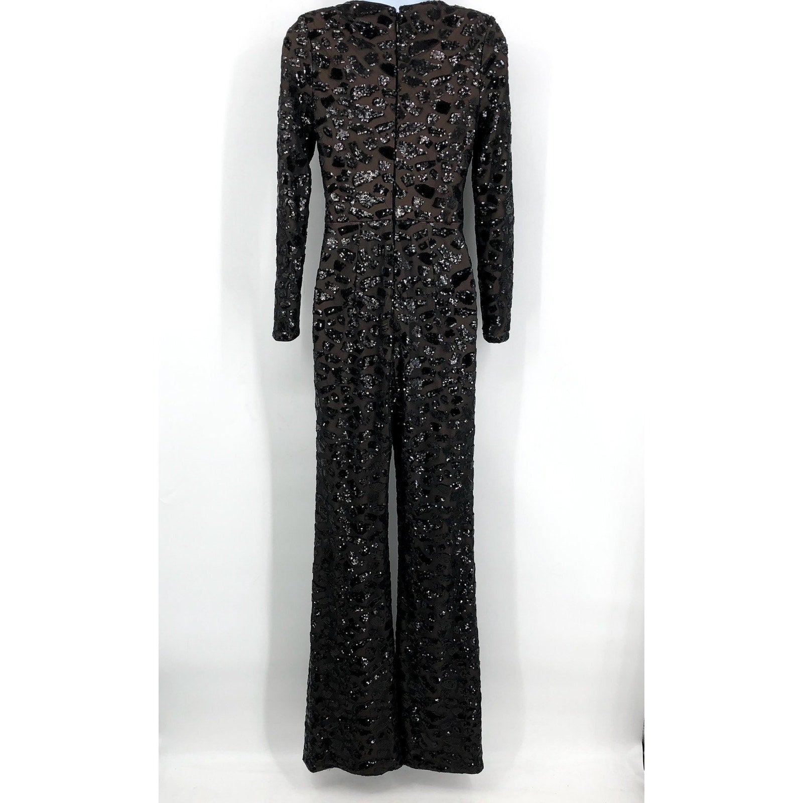 DRESS THE POPULATION Carson Sequin Leopard Jumpsuit XS Black Long Sleeve NWOT