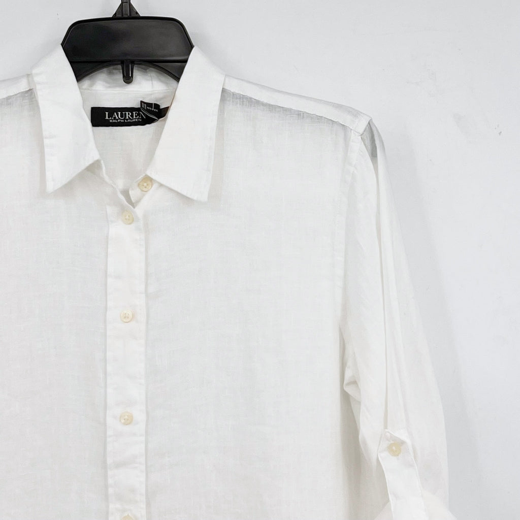 LAUREN RALPH LAUREN Womens Linen Shirt Medium White Roll Tab Sleeve NWT