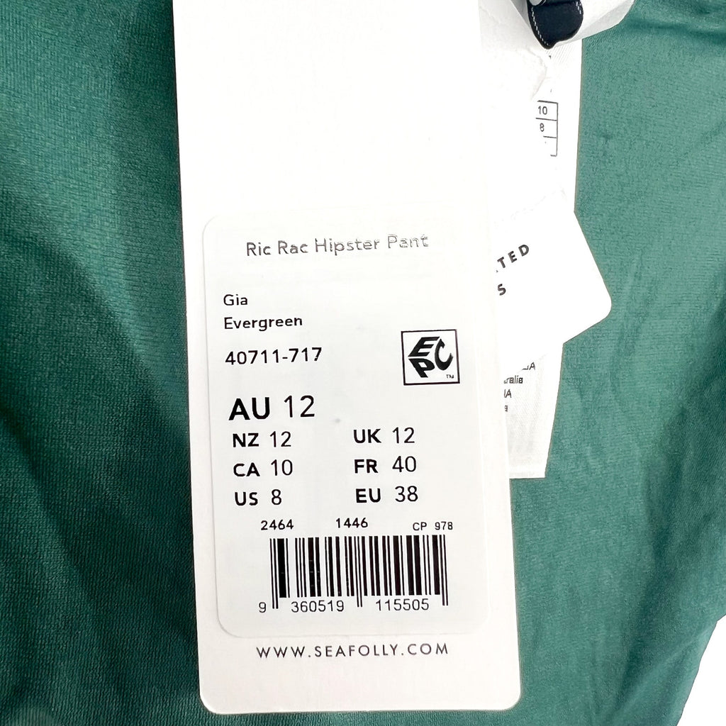 SEAFOLLY Women's Gia Ric Rac Hipster Bikini Bottom Size 8 Green White NWT