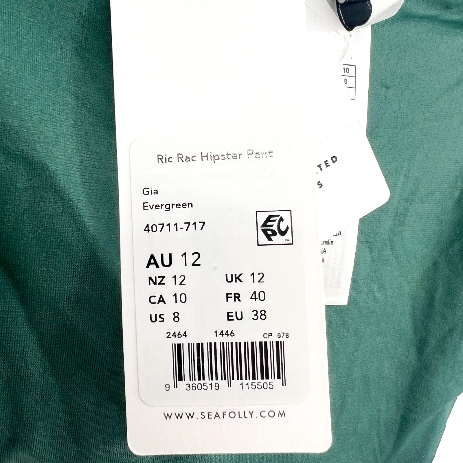 SEAFOLLY Women's Gia Ric Rac Hipster Bikini Bottom Size 8 Green White NWT