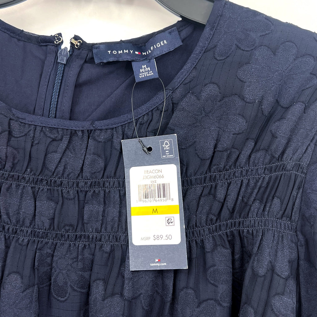 TOMMY HILFIGER Women's Popover Floral Blouse Medium Navy Blue Long Sleeve NWT