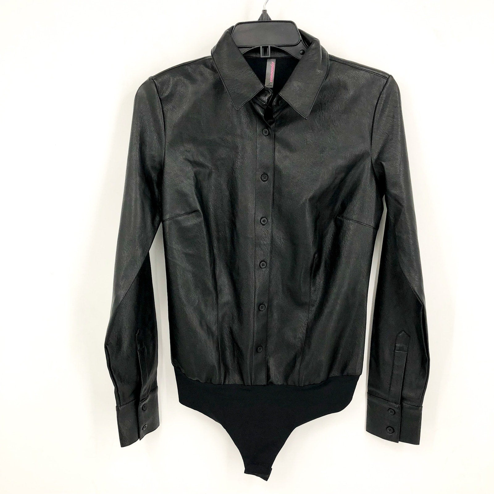 COMMANDO Women's Faux Leather Bodysuit Large Black Lightweight Button Down NWT