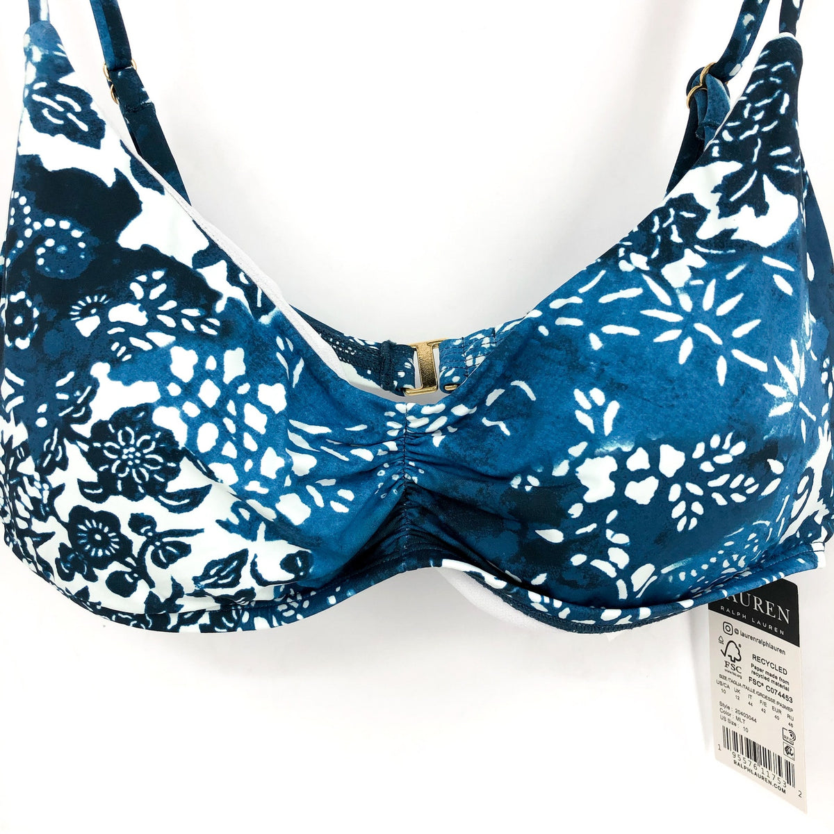 LAUREN RALPH LAUREN Patchwork Bikini Top Size 10 Blue Indigo Scoop Shirred NWT