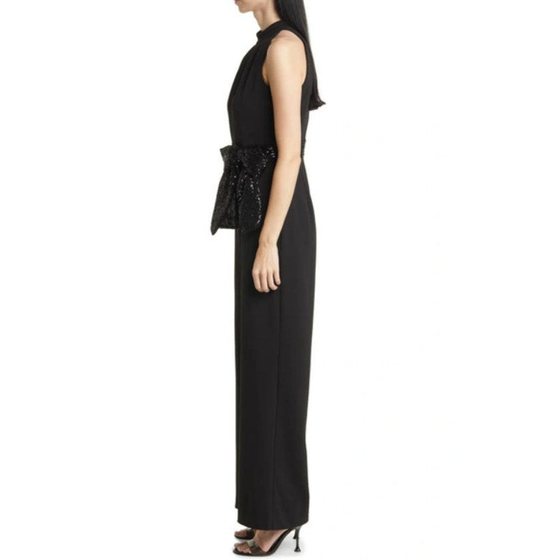 ELIZA J Sequin Bow Detail Sleeveless Jumpsuit SIZE 6 Black Tie Neck NWT