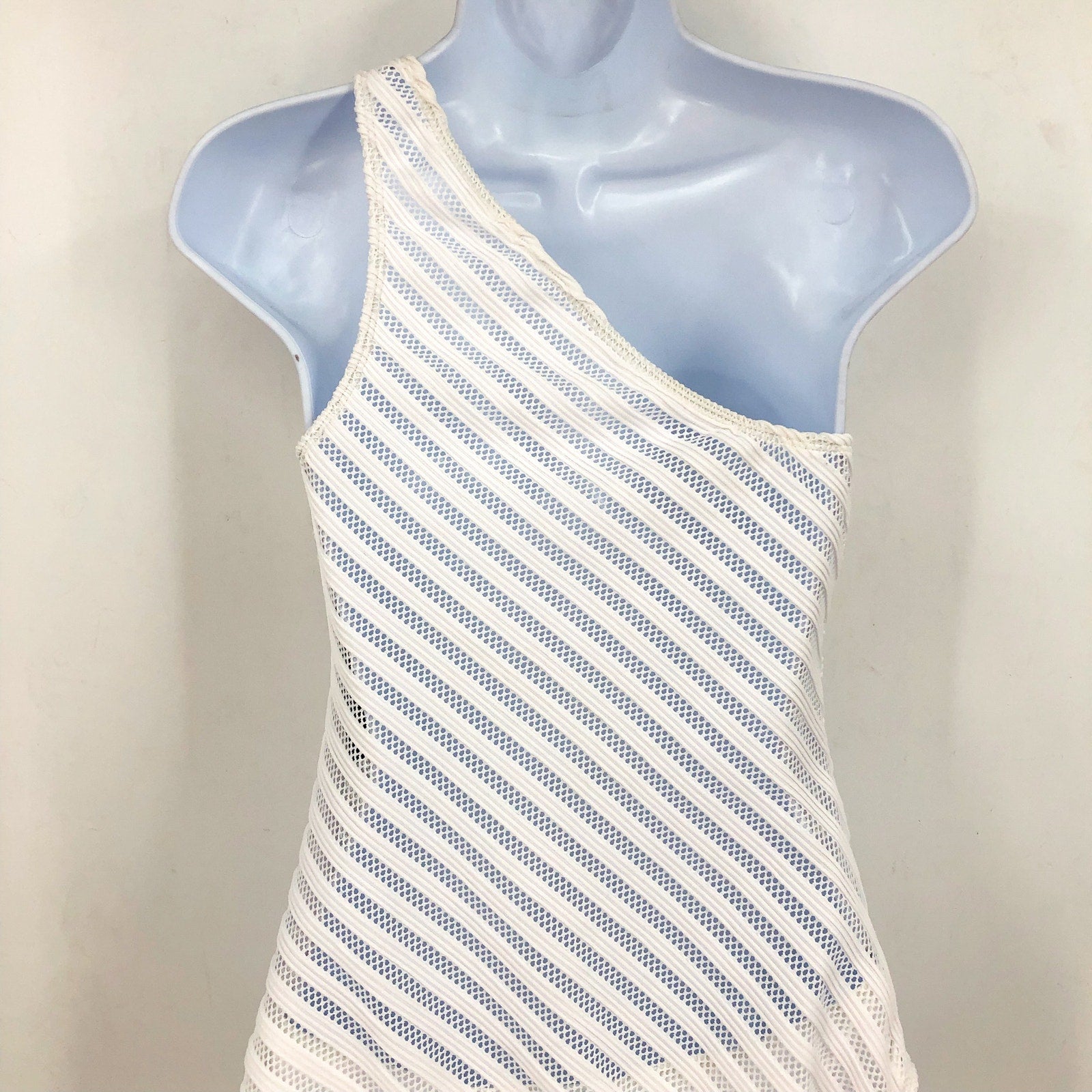 LAUREN RALPH LAUREN Ottoman Mesh One Shoulder One-Piece Swimsuit Sz 8 White NWT