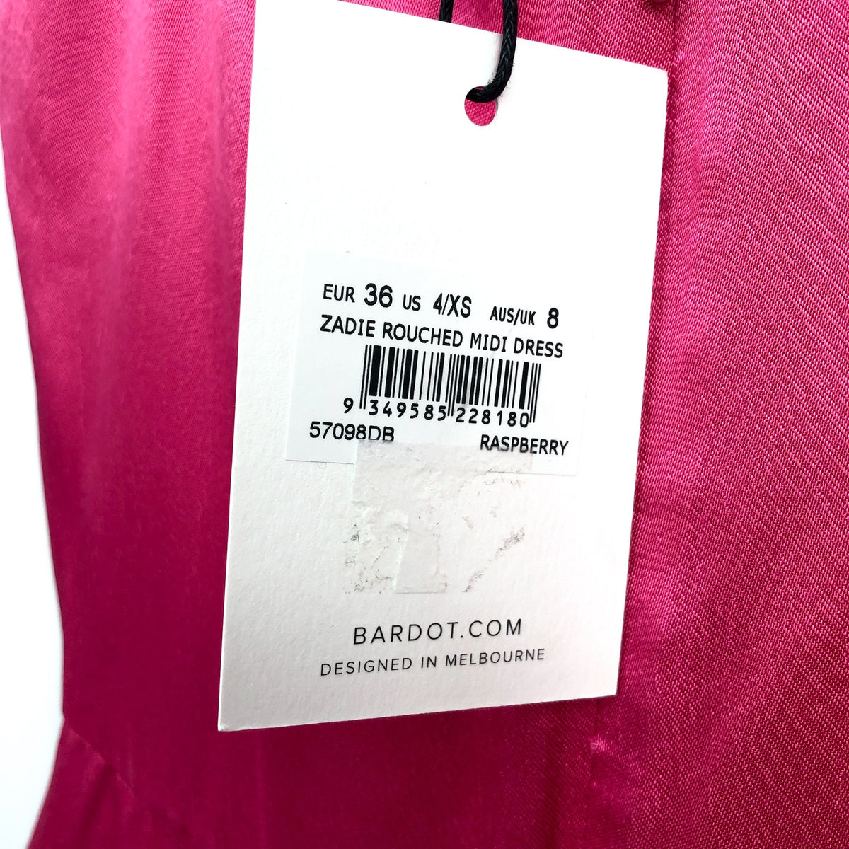 BARDOT Women's Zadie Midi Dress XS US 4 Raspberry Pink Satin Ruched NWT