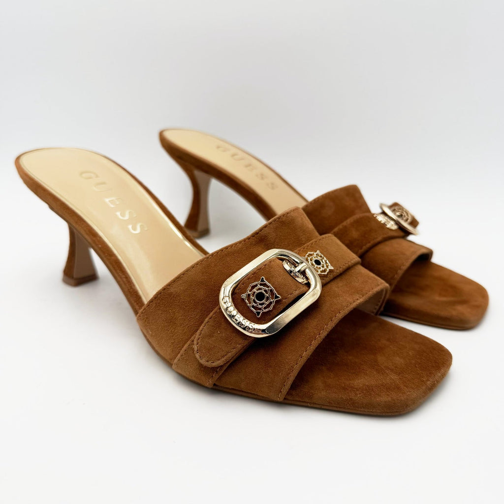 Guess Womens Dittara Kitten Heel Slide Sandals Size 10 Brown Cognac Suede NWOB