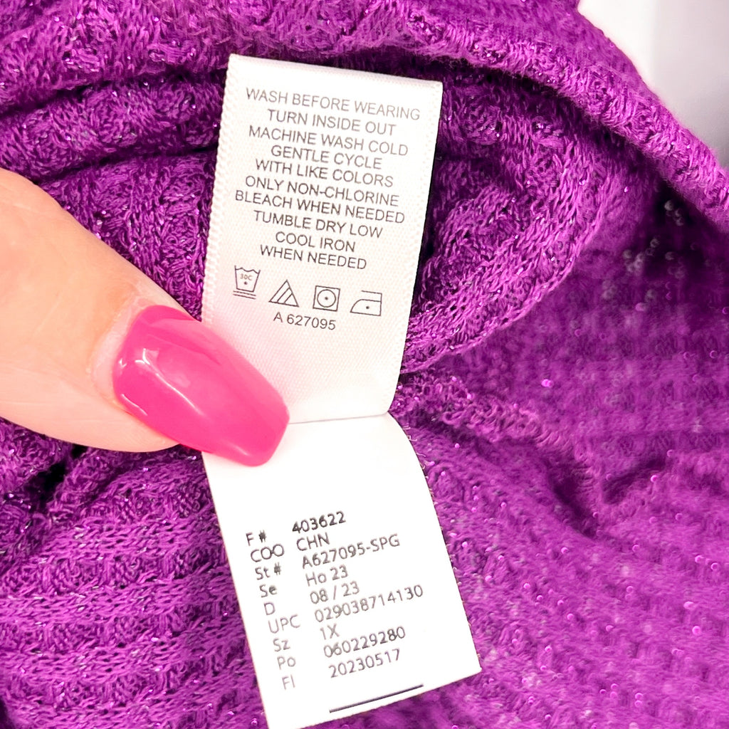 LOGO LORI GOLDSTEIN Metallic Waffle Knit Top 1X Purple Long Sleeve NWOT